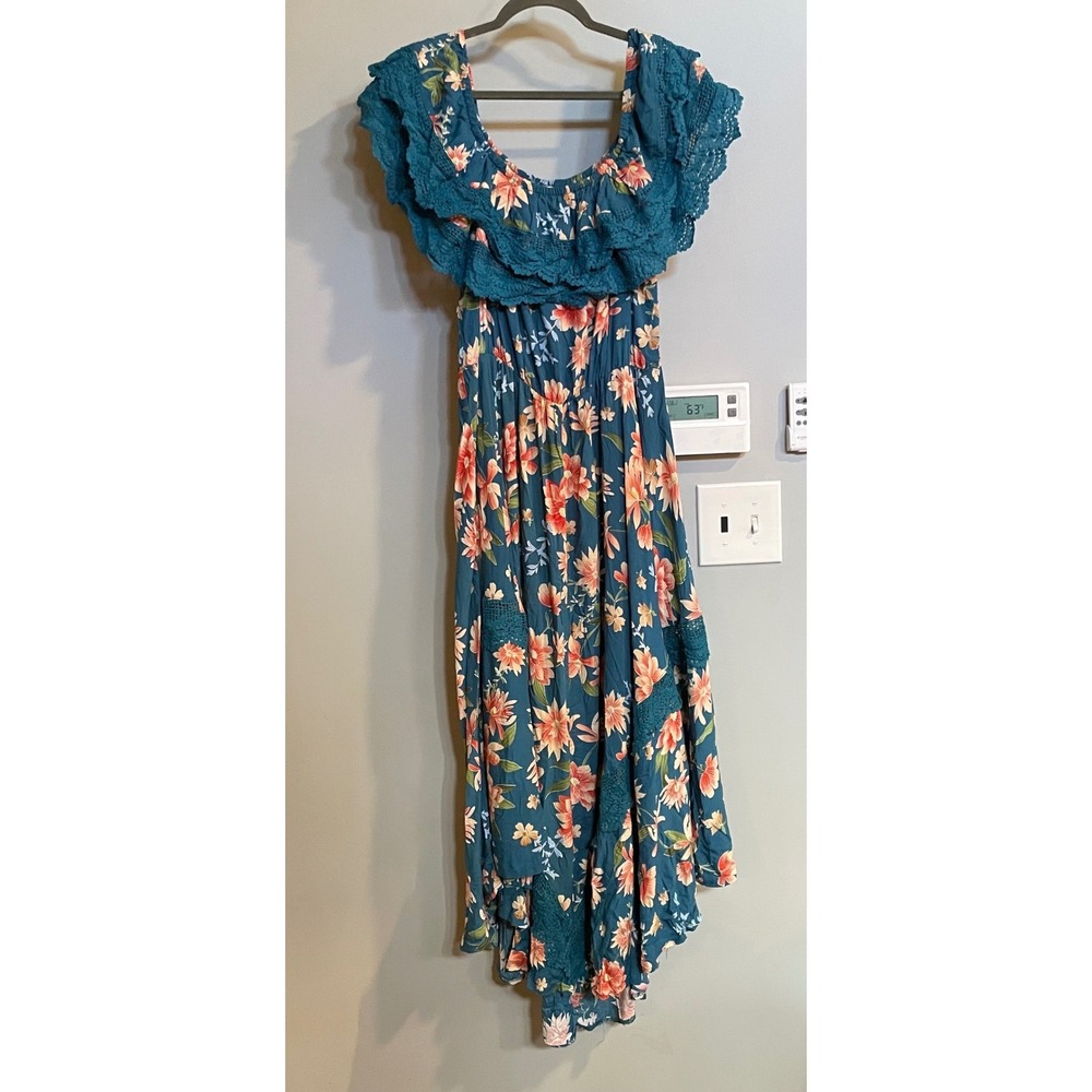 Janse Floral Maxi Dress Womens XL Teal Blue Crochet Lace High Low Boho Summer